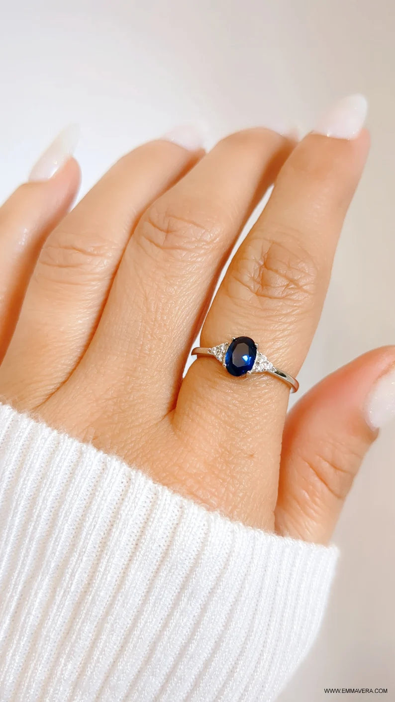 Sterling Silver Precious Oval Cut Sapphire Ring - view 2