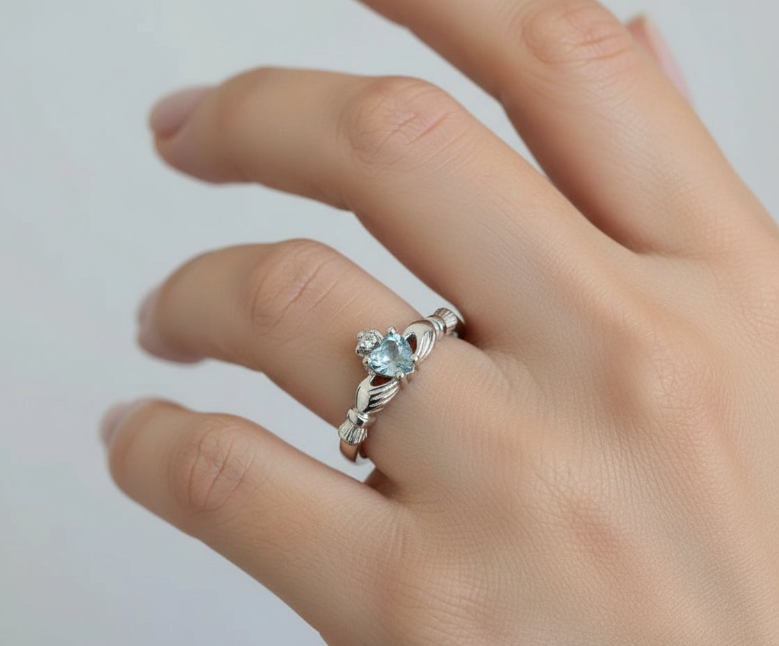 Sterling Silver Claddagh Aquamarine Ring - view 2