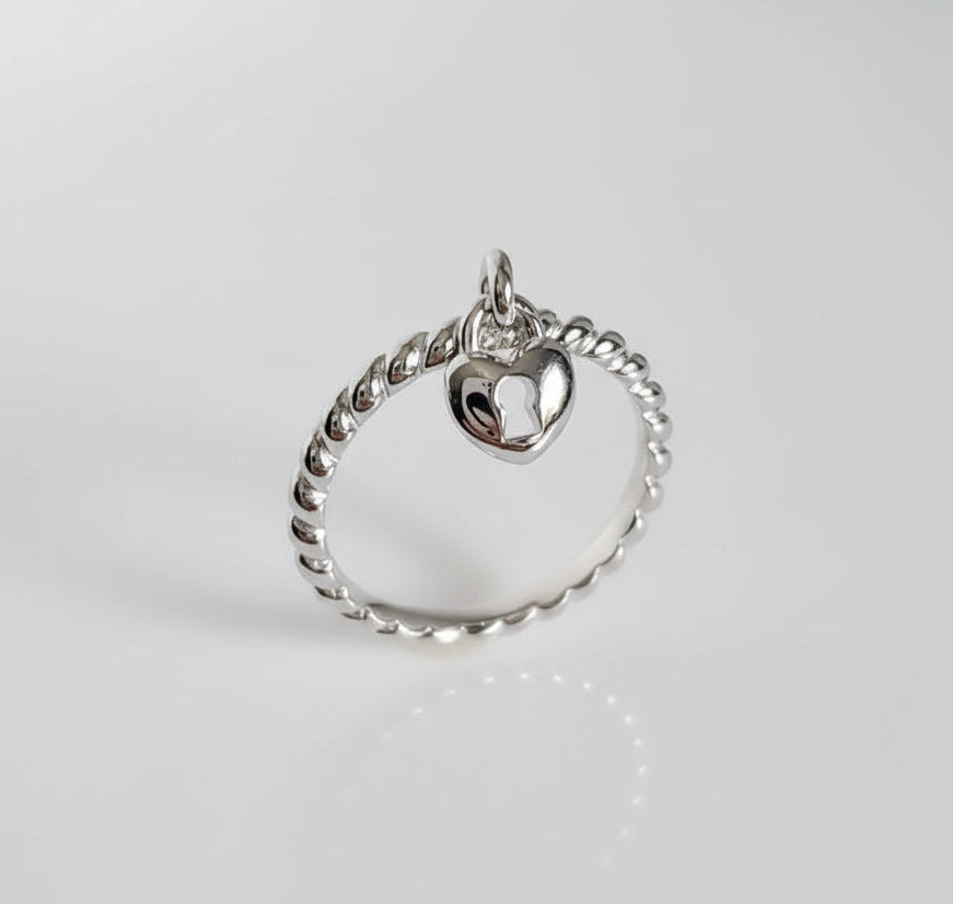 Sterling Silver Dangling Heart Lock Ring - view 3