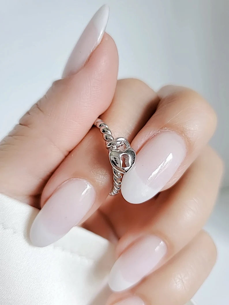 Sterling Silver Dangling Heart Lock Ring - view 4