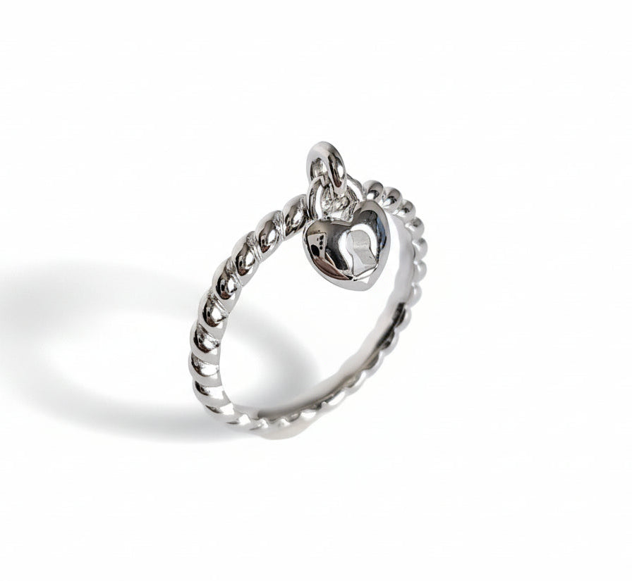 Sterling Silver Dangling Heart Lock Ring