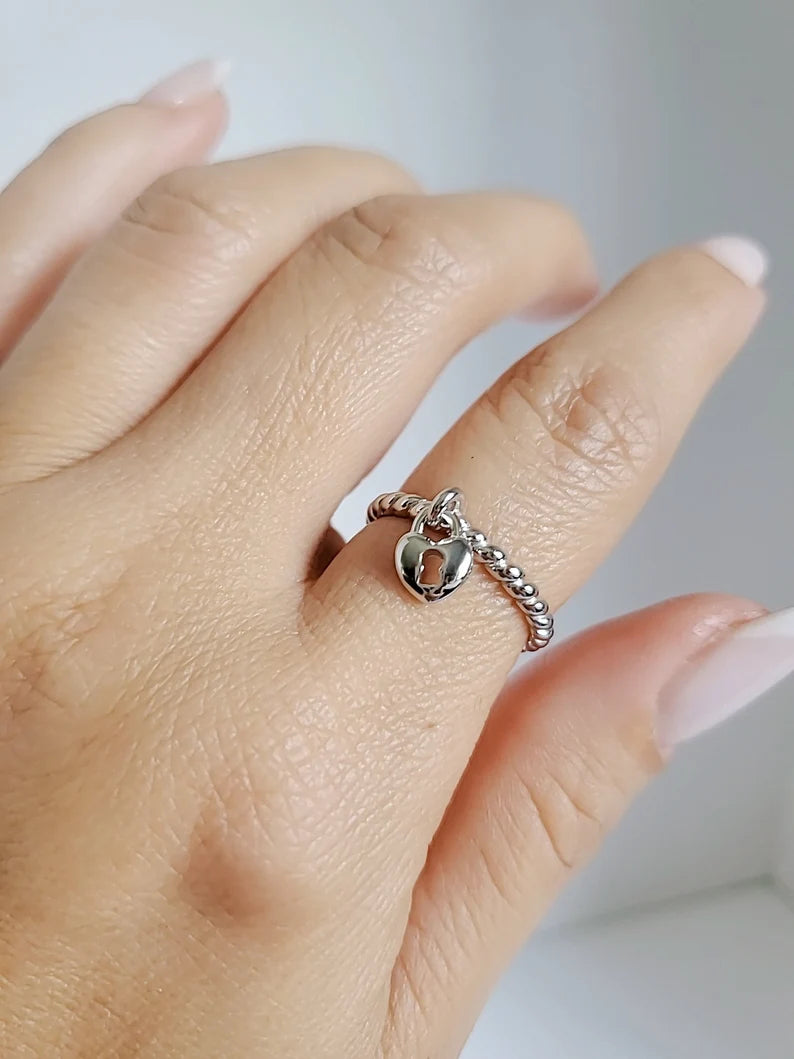 Sterling Silver Dangling Heart Lock Ring - view 2