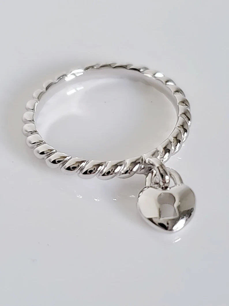 Sterling Silver Dangling Heart Lock Ring - view 5