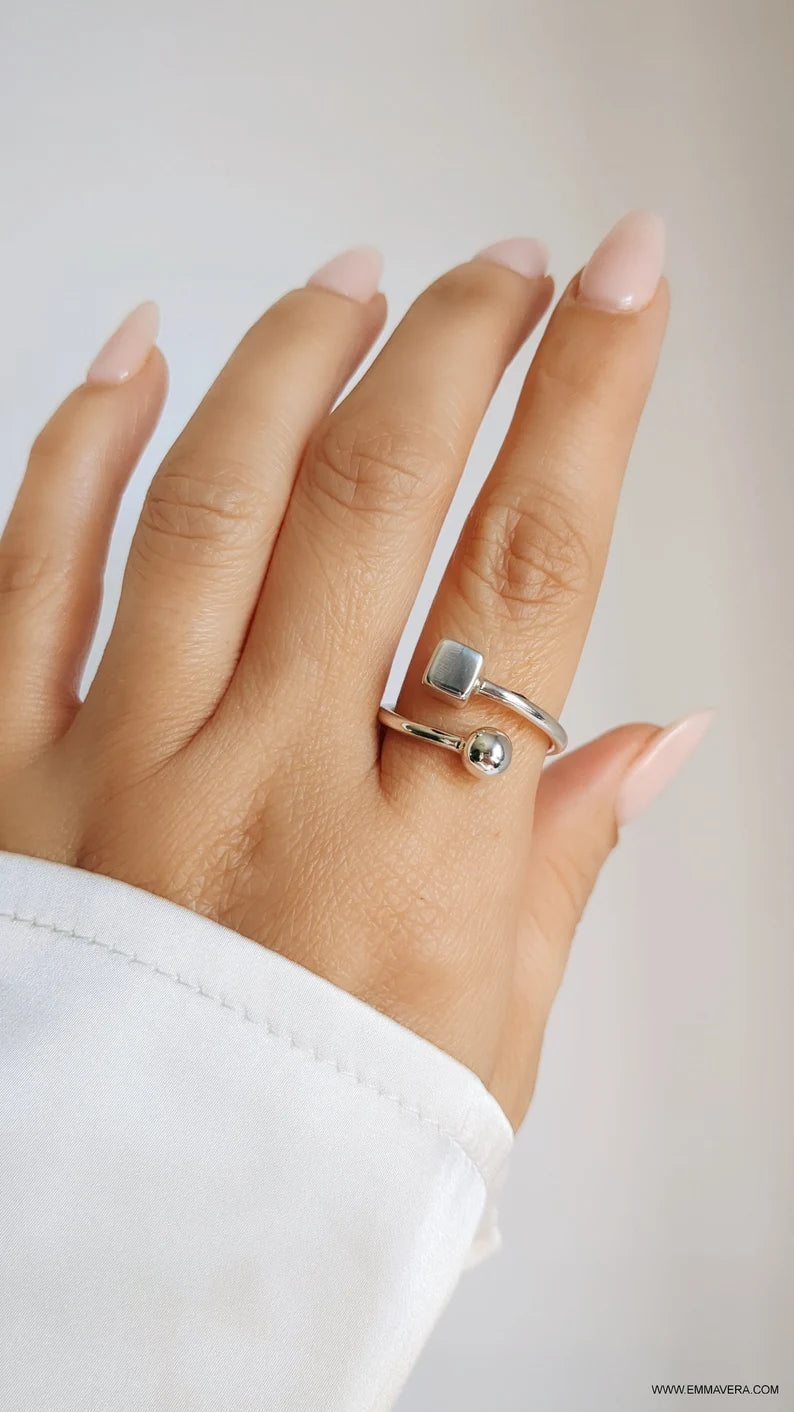 Sterling Silver Square Sphere Geometric Ring - view 2