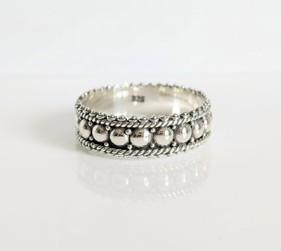 Sterling Silver Beaded Bali Ring