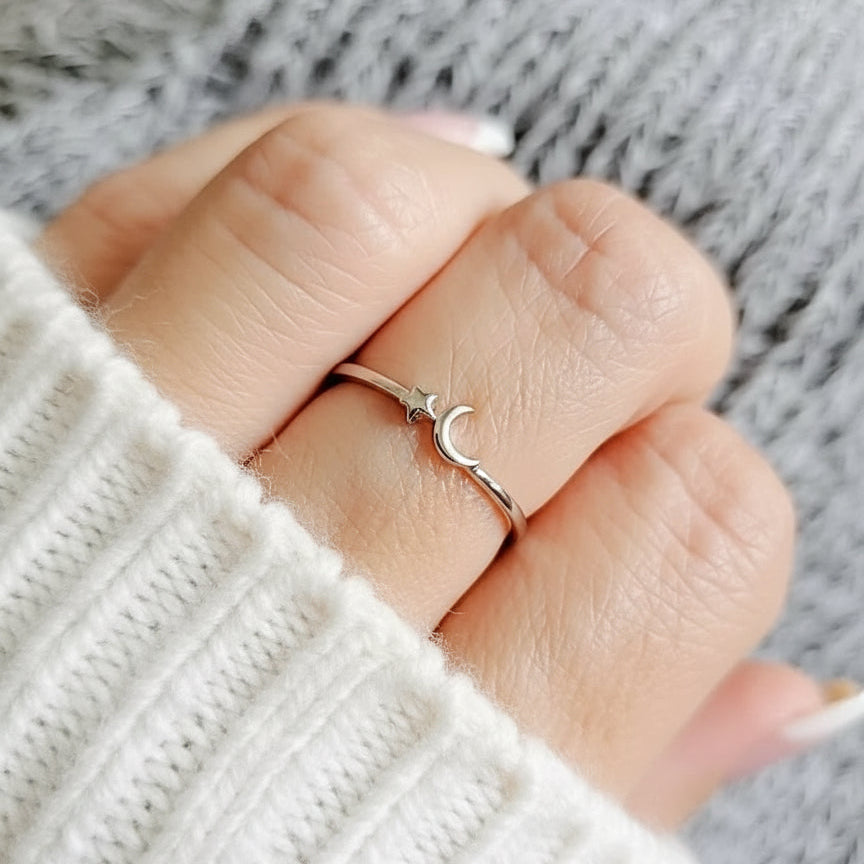 Sterling Dainty Crescent Moon & Star Silver Ring - view 2