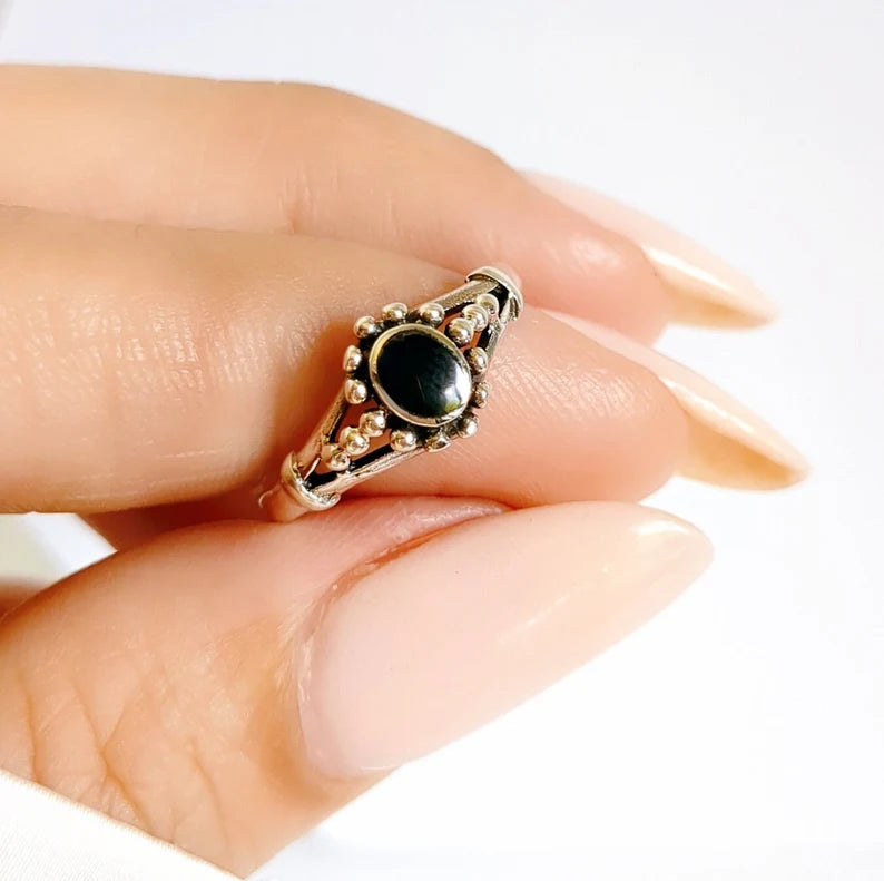 Sterling Silver Onyx Bali Ring