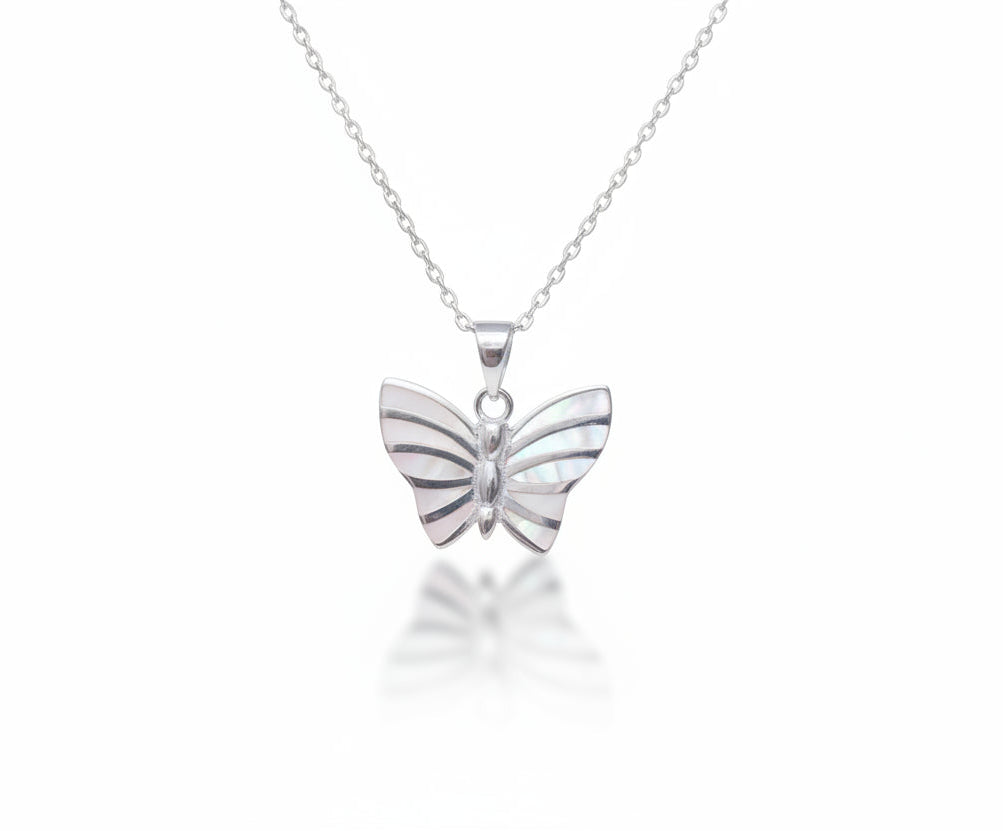 Mother of Pearl Butterfly Sterling Silver Necklace Pendant with Chain