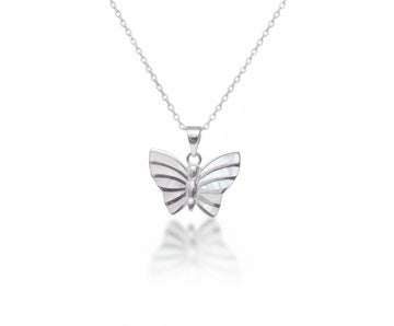 Mother of Pearl Butterfly Sterling Silver Necklace Pendant with Chain