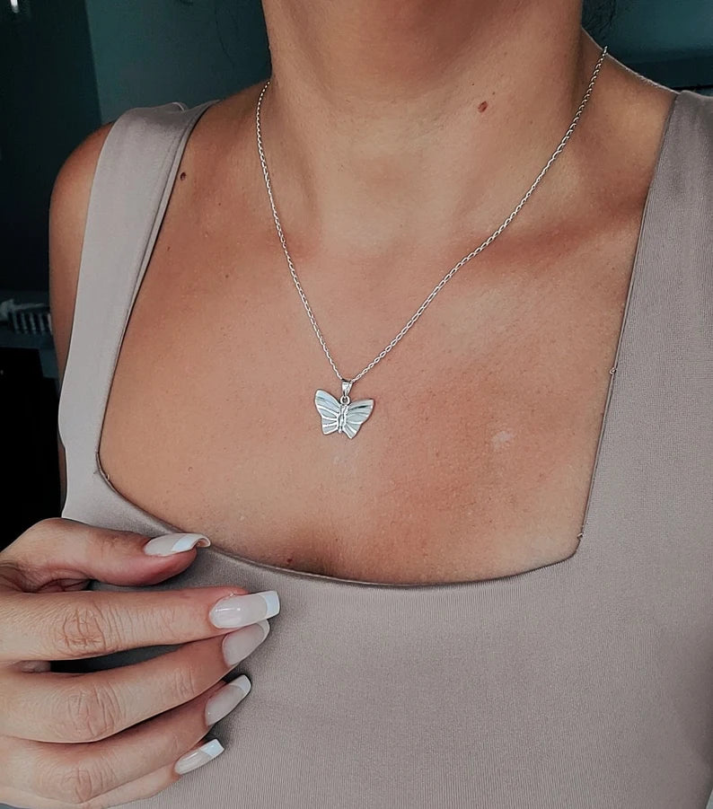 Mother of Pearl Butterfly Sterling Silver Necklace Pendant with Chain - view 5