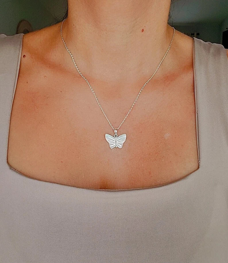 Mother of Pearl Butterfly Sterling Silver Necklace Pendant with Chain