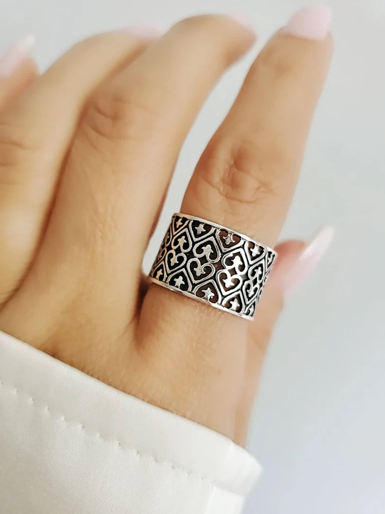 Sterling Silver 925 Statement Bold Wide Heart Ring - view 6