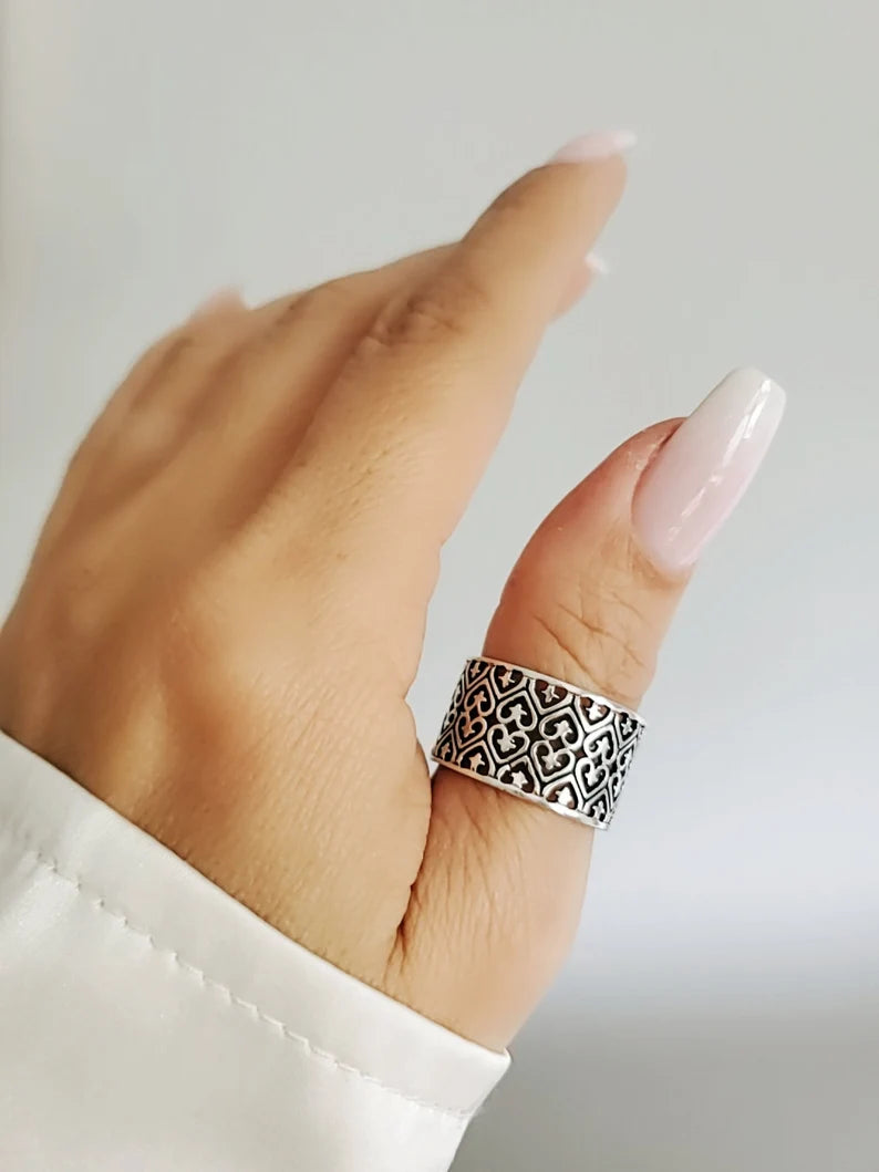 Sterling Silver 925 Statement Bold Wide Heart Ring - view 7