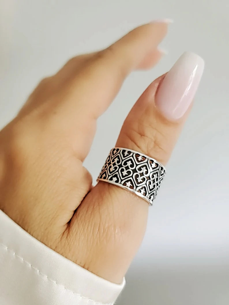 Sterling Silver 925 Statement Bold Wide Heart Ring - view 8