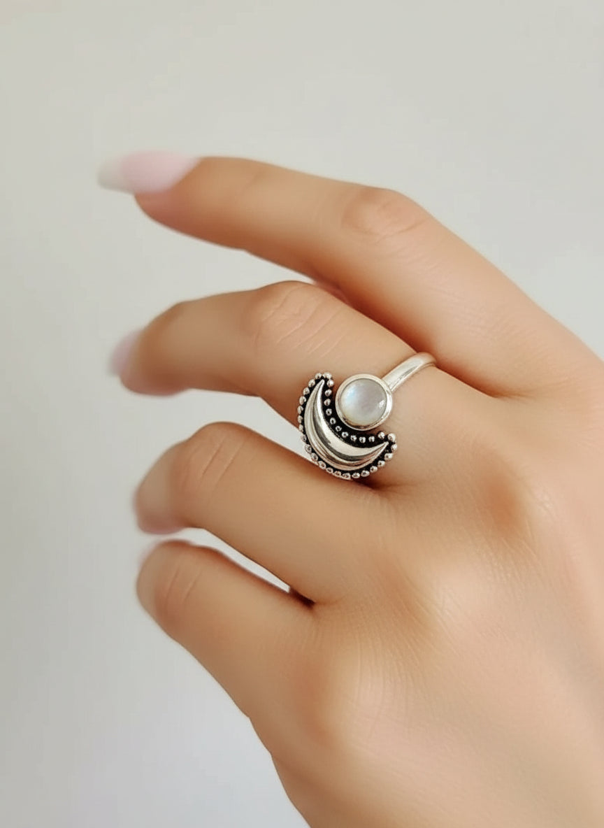 Sterling Silver Crescent Moonstone Moon Ring - view 4