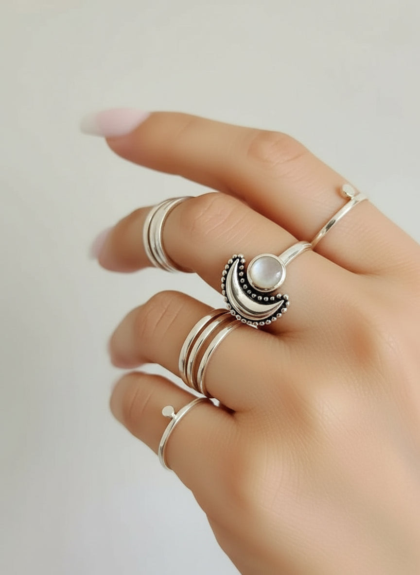 Sterling Silver Crescent Moonstone Moon Ring - view 2