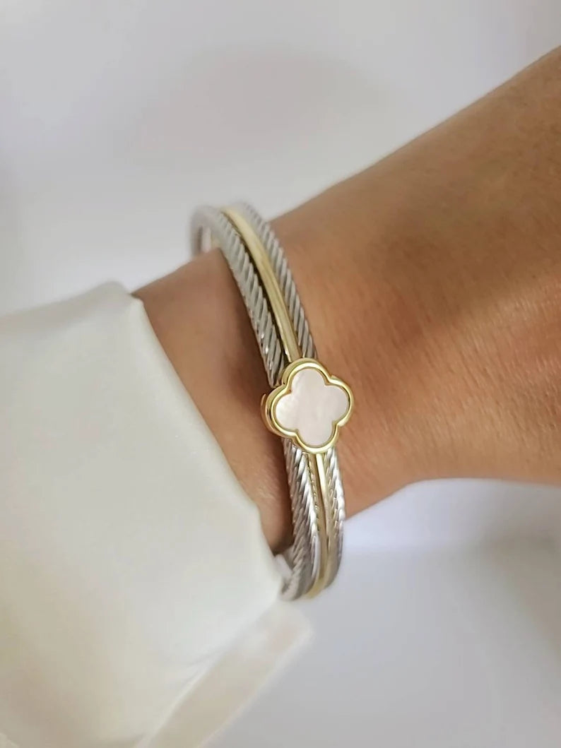 Mother of Pearl Clover Bangle Bracelet - view 3