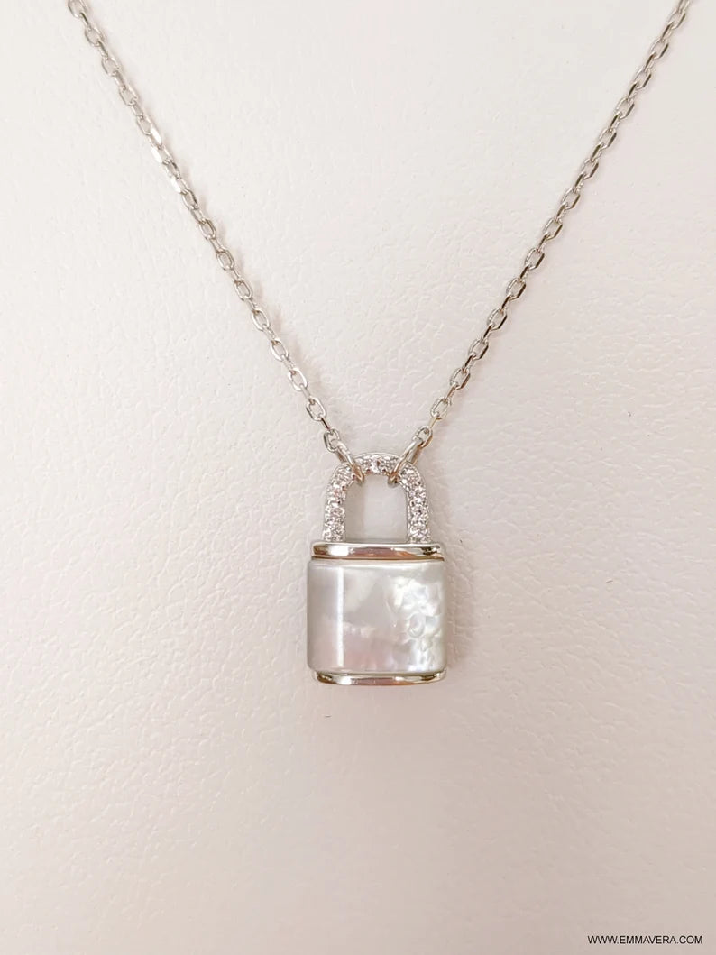 Sterling Silver 925 Mother of Pearl Lock Pendant Necklace - view 7