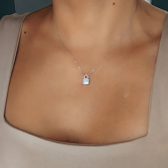 Sterling Silver 925 Mother of Pearl Lock Pendant Necklace - view 2