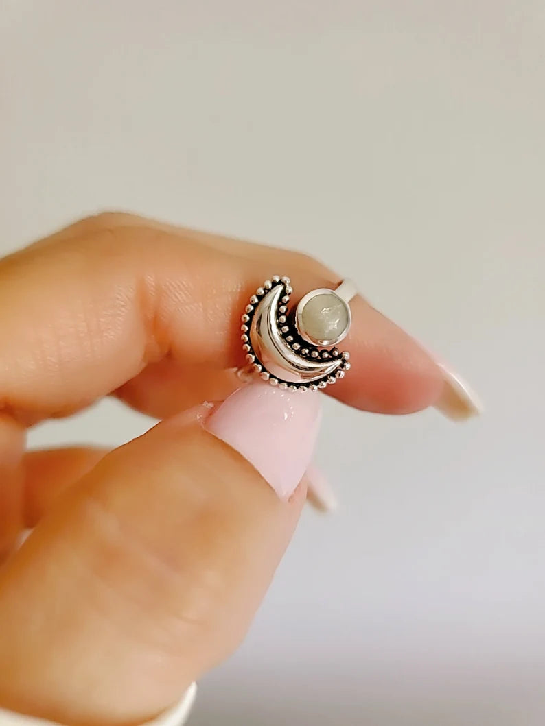 Sterling Silver Crescent Moonstone Moon Ring - view 6
