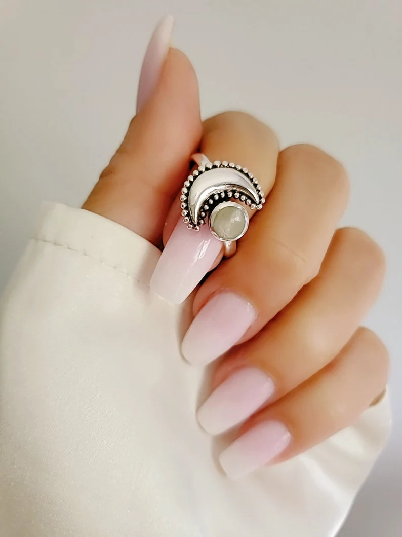 Sterling Silver Crescent Moonstone Moon Ring - view 7