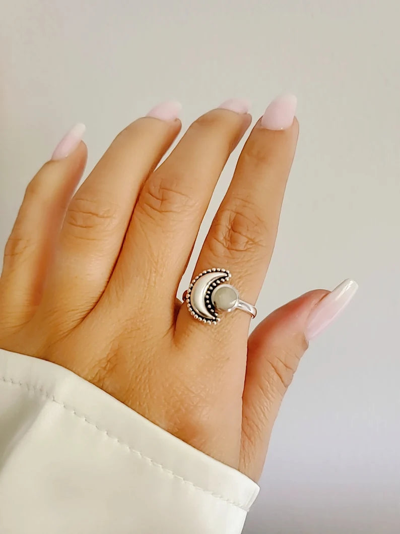 Sterling Silver Crescent Moonstone Moon Ring - view 8