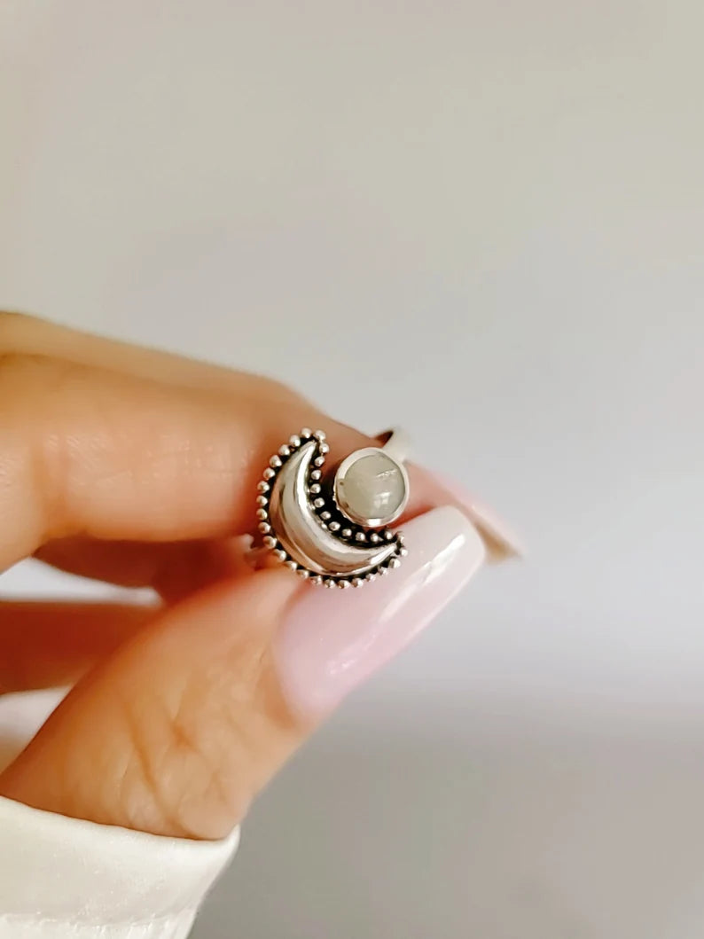 Sterling Silver Crescent Moonstone Moon Ring - view 9
