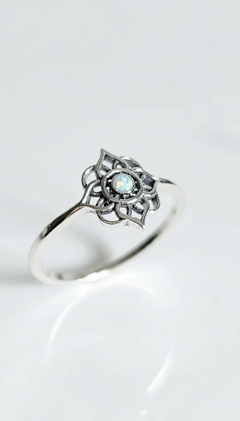 Sterling Silver White Opal Mandala Ring - view 4