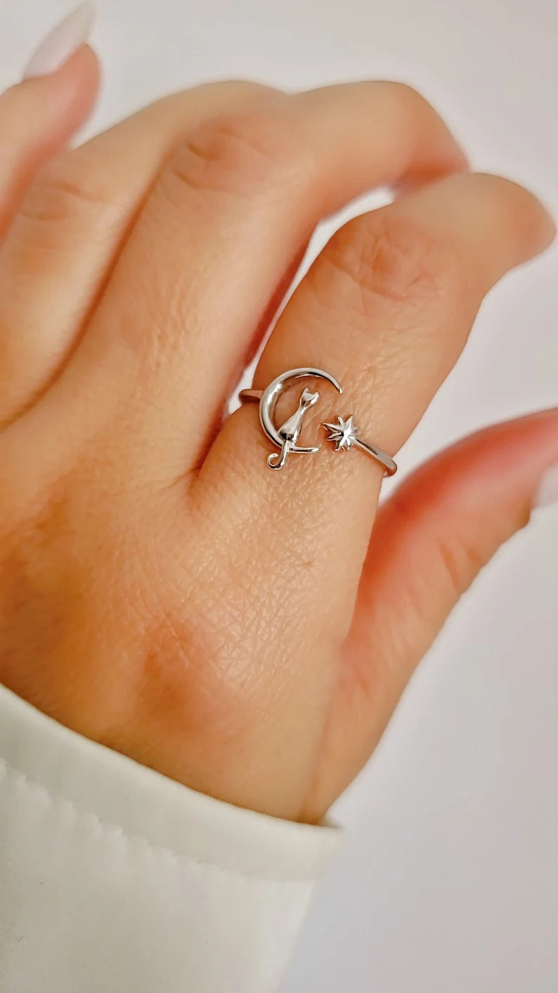 Sterling Silver Cat Sitting on the Moon Ring - view 5
