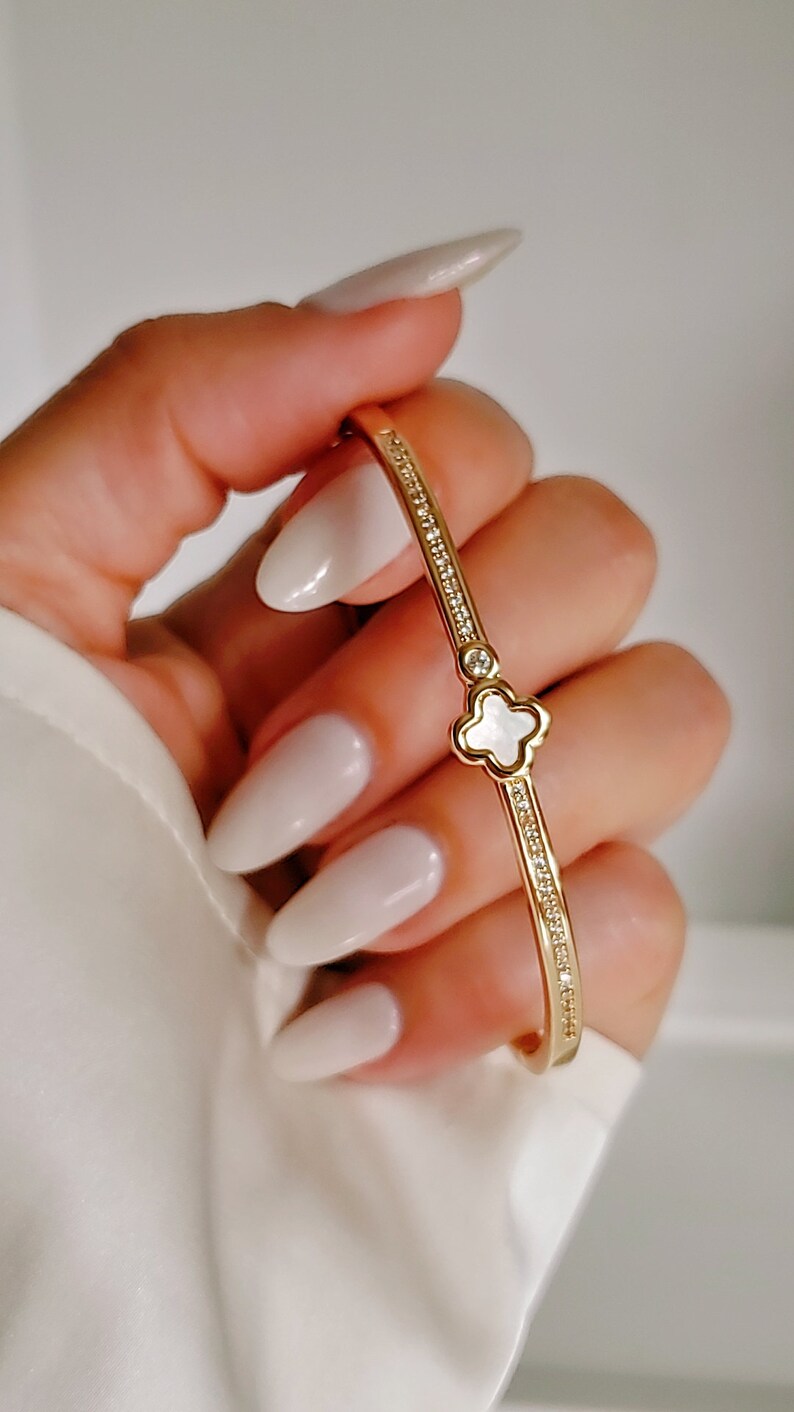 Gold Dainty Mother of Pearl Clover Bangle - view 2