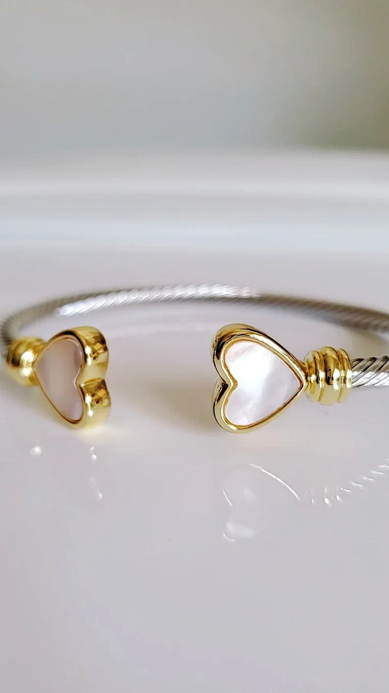 Silver Mother of Pearl Heart Bangle Bracelet - view 4