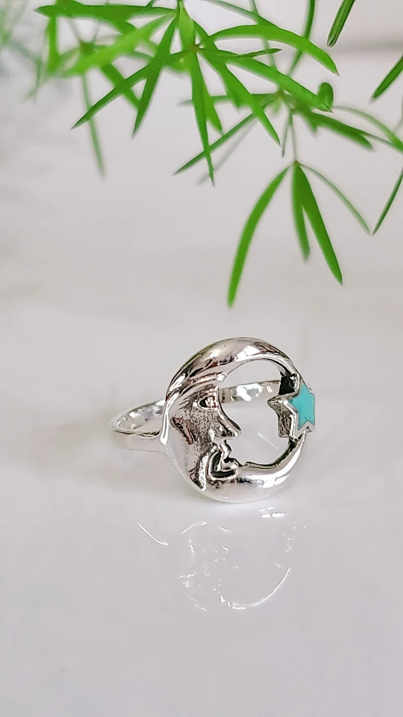 Sterling Silver Crescent Moon with Natural Turquoise Star Ring - view 4