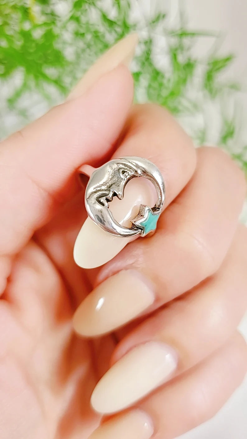 Sterling Silver Crescent Moon with Natural Turquoise Star Ring - view 5