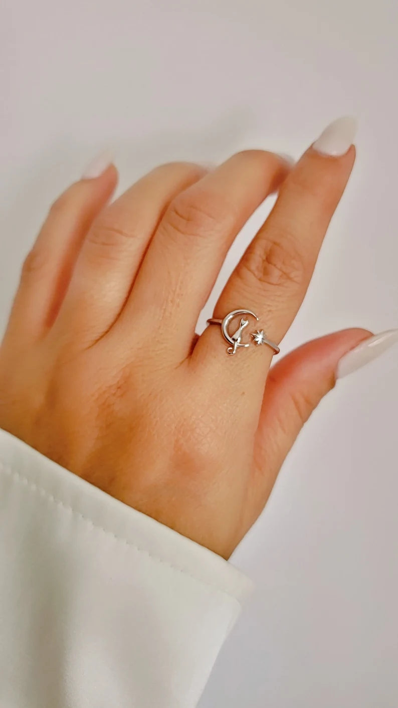 Sterling Silver Cat Sitting on the Moon Ring - view 6