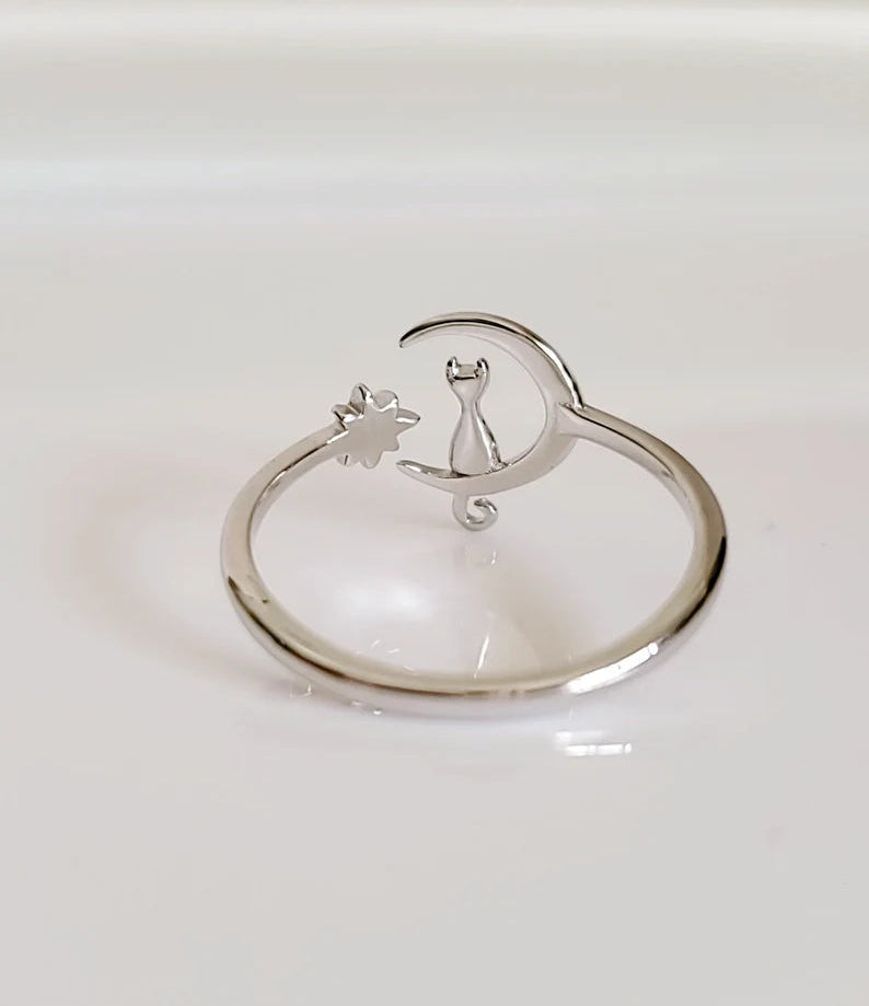 Sterling Silver Cat Sitting on the Moon Ring - view 7