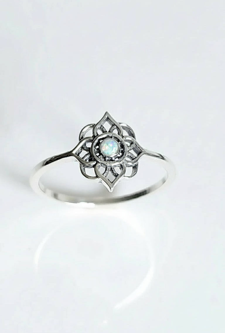 Sterling Silver White Opal Mandala Ring