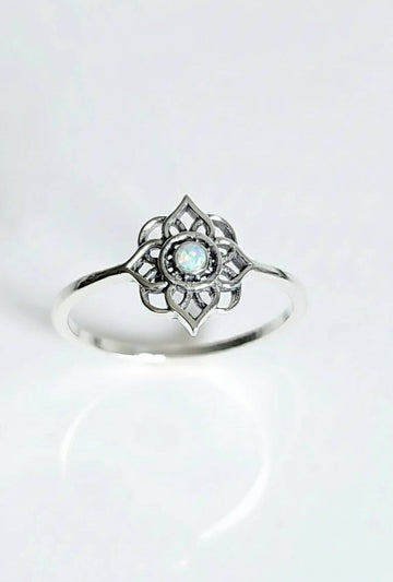 Sterling Silver White Opal Mandala Ring