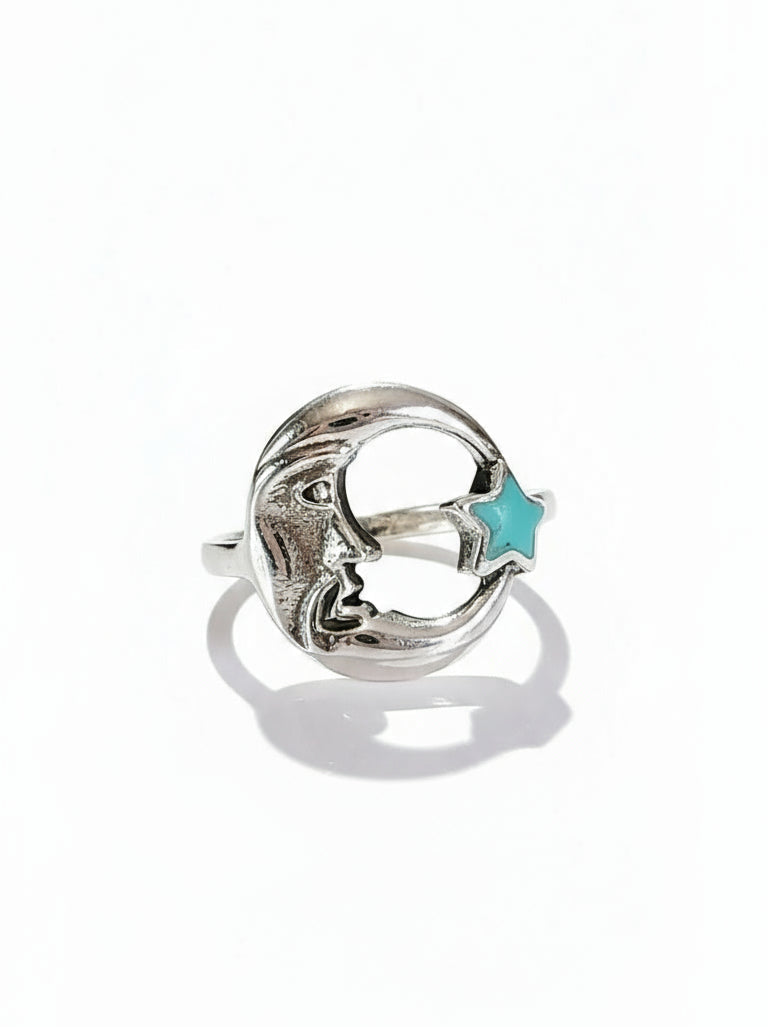 Sterling Silver Crescent Moon with Natural Turquoise Star Ring
