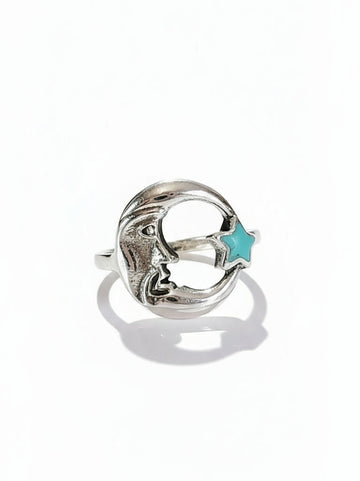 Sterling Silver Crescent Moon with Natural Turquoise Star Ring