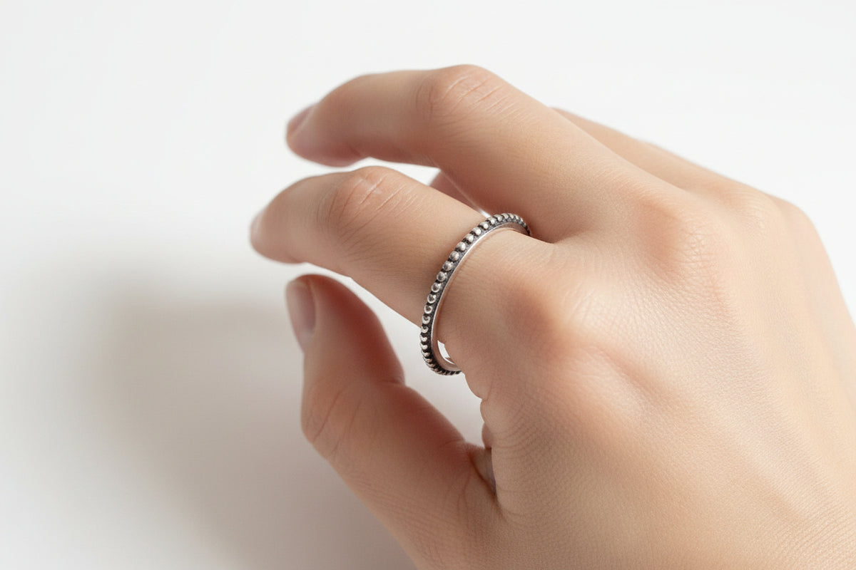 Sterling Silver Bali Beaded Thin Band Ring - view 2