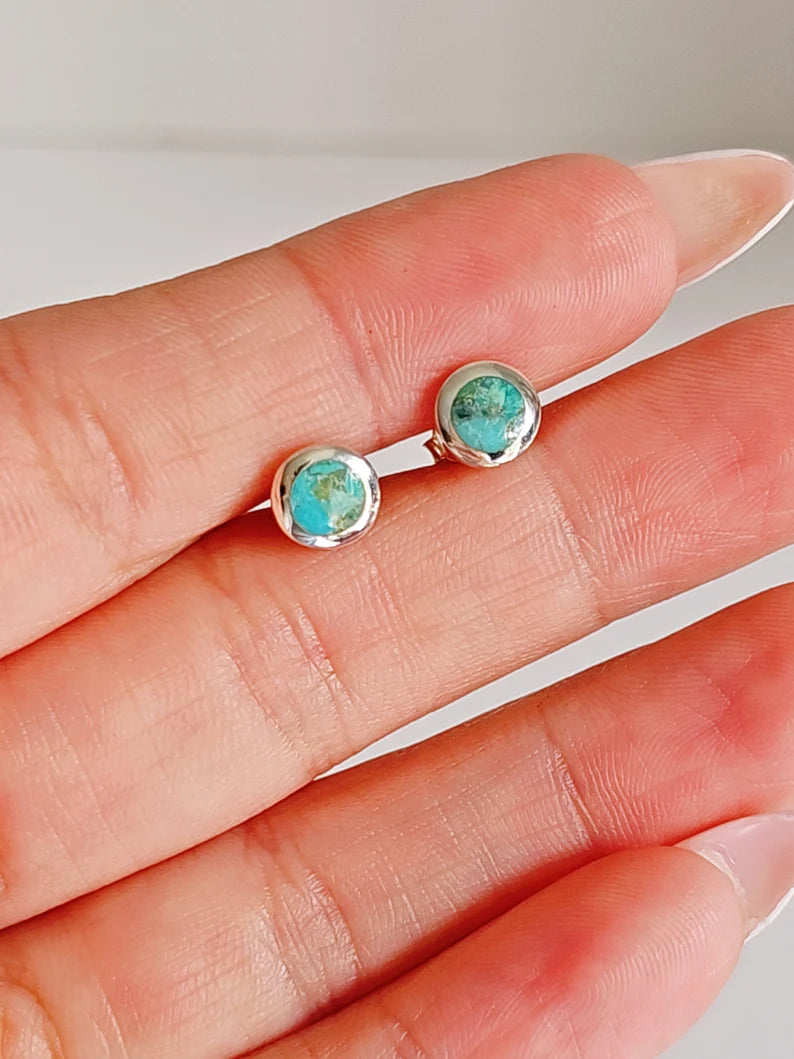 Sterling Silver Dainty Turquoise Stud Earrings - view 7