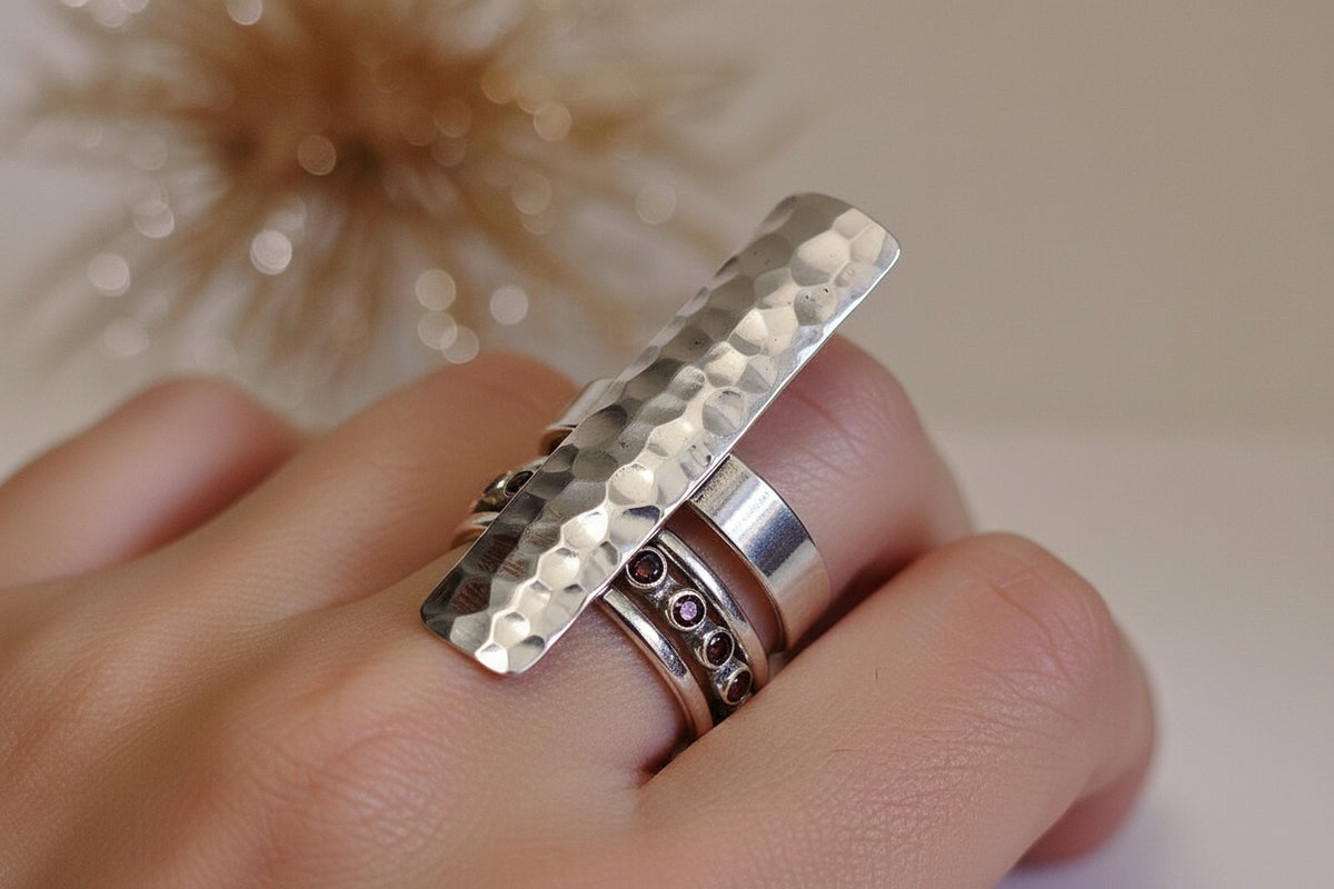 Sterling Silver Hammered Shield Boho Chic Ring - view 3