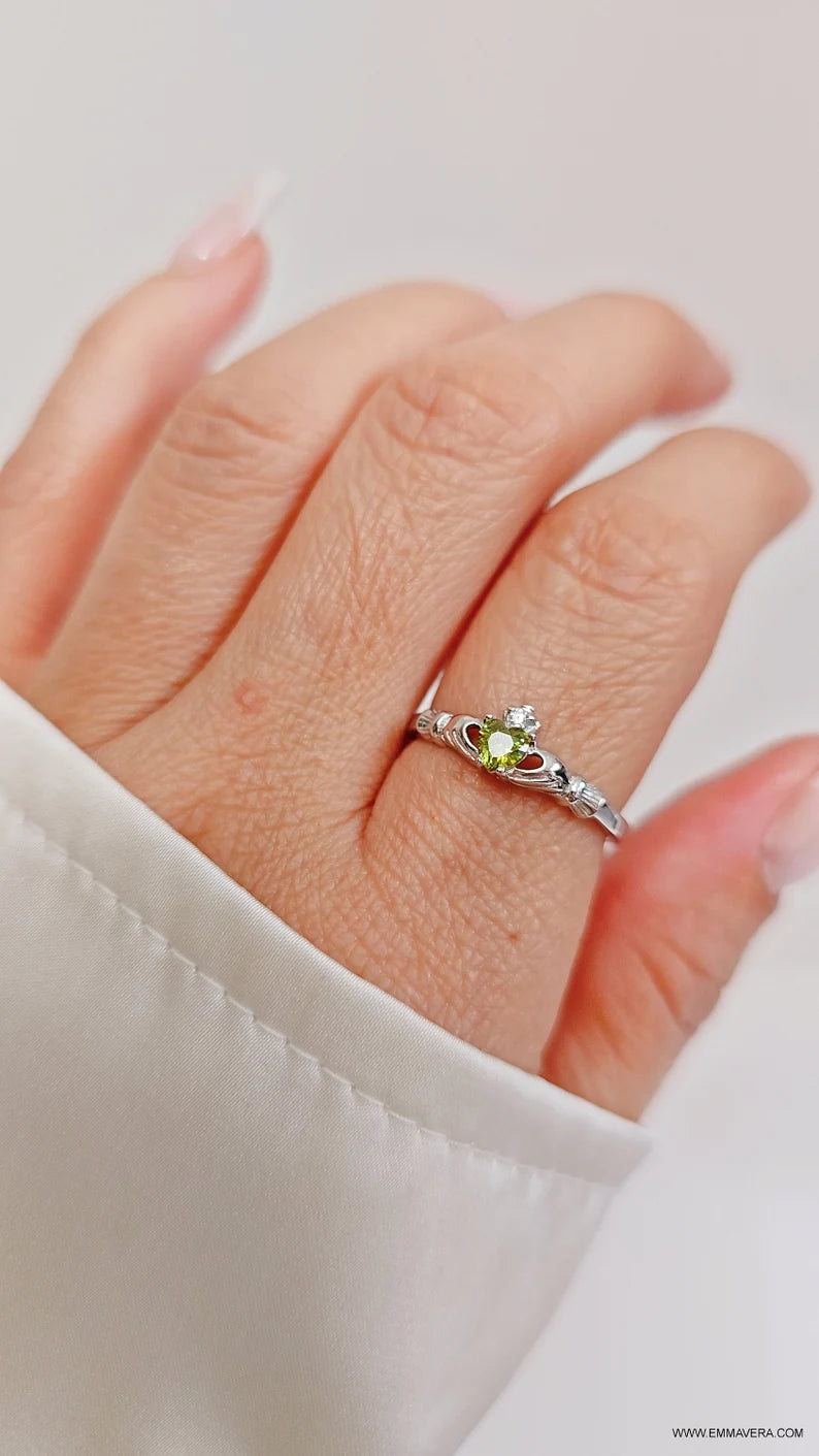 Sterling Silver Dainty Claddagh Peridot Ring - view 4
