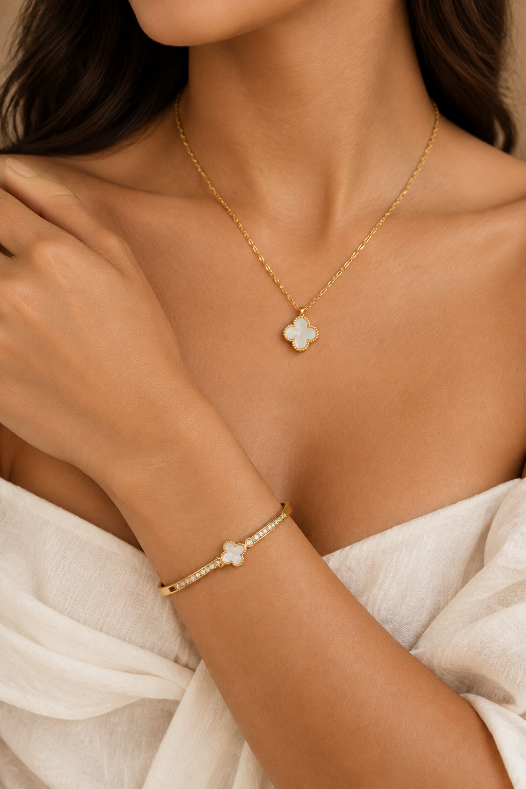 Gold Dainty Mother of Pearl Clover Bangle