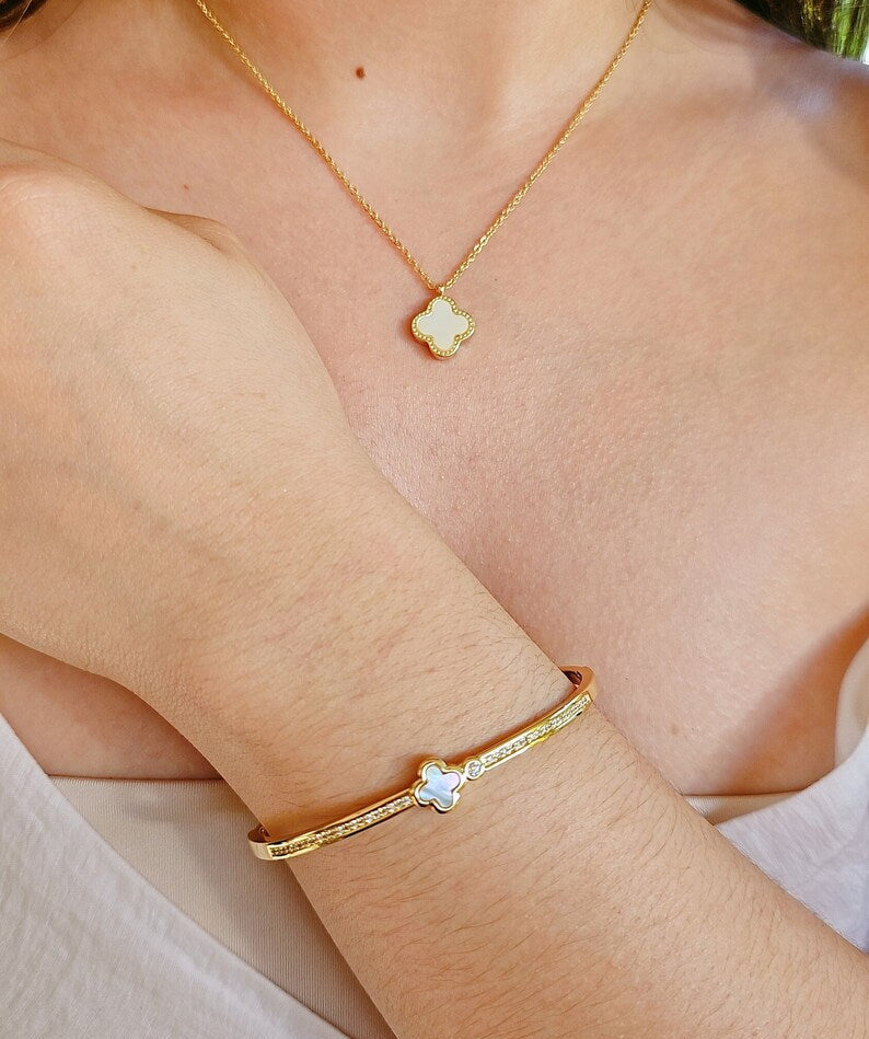 Gold Dainty Mother of Pearl Clover Bangle - view 5