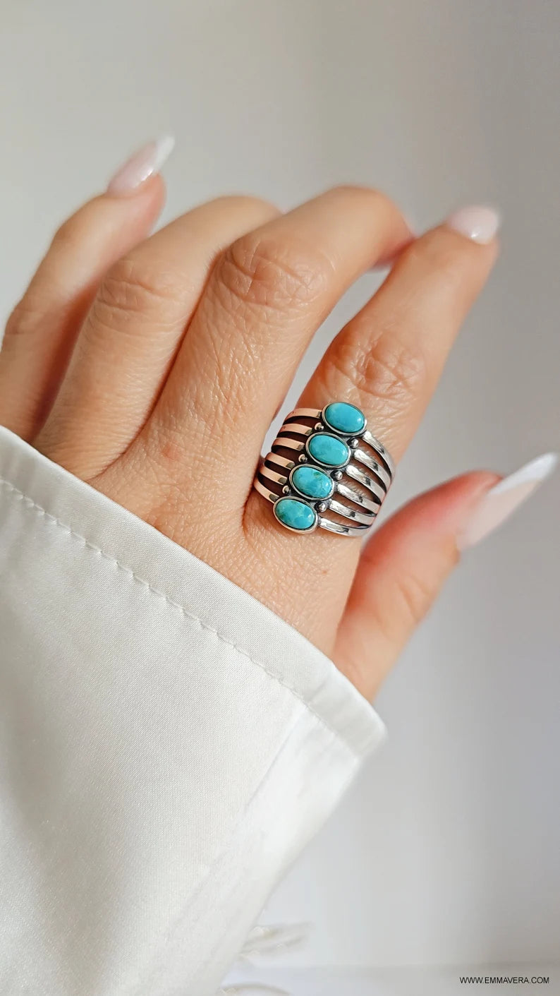 Sterling Silver Genuine Turquoise Bohemian Statement Ring - view 7