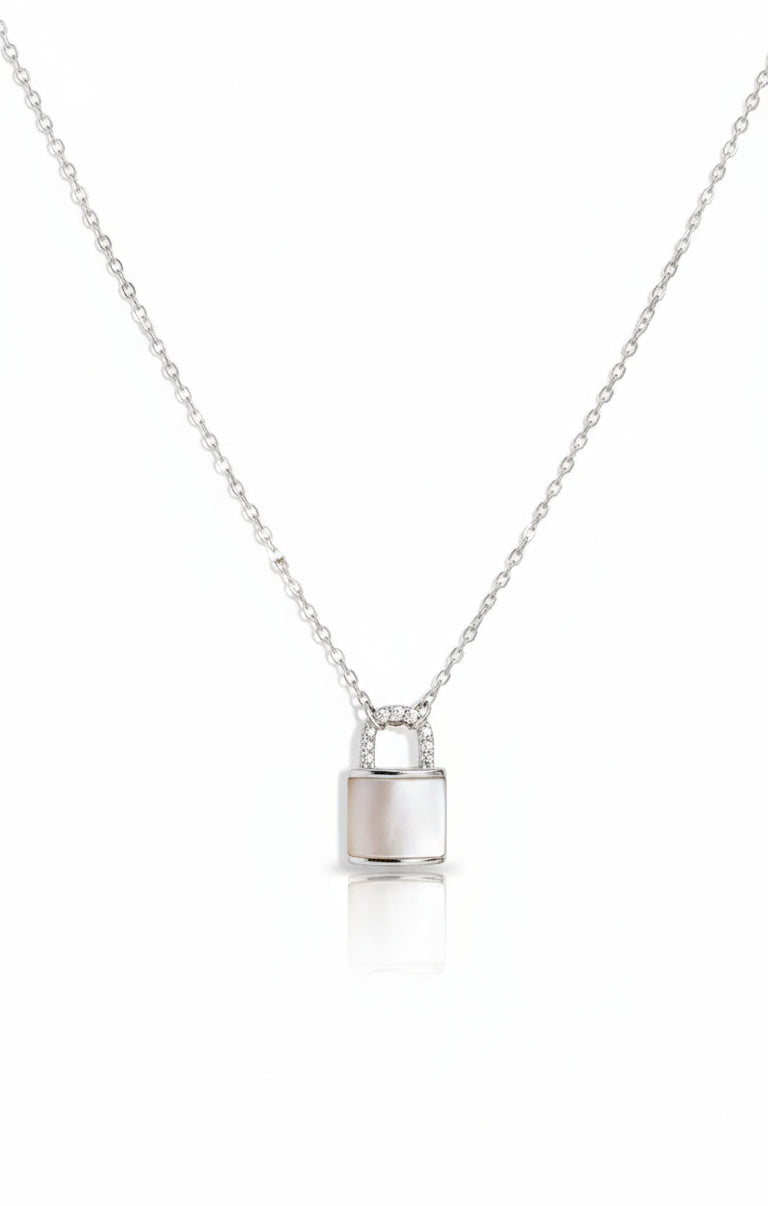 Sterling Silver 925 Mother of Pearl Lock Pendant Necklace
