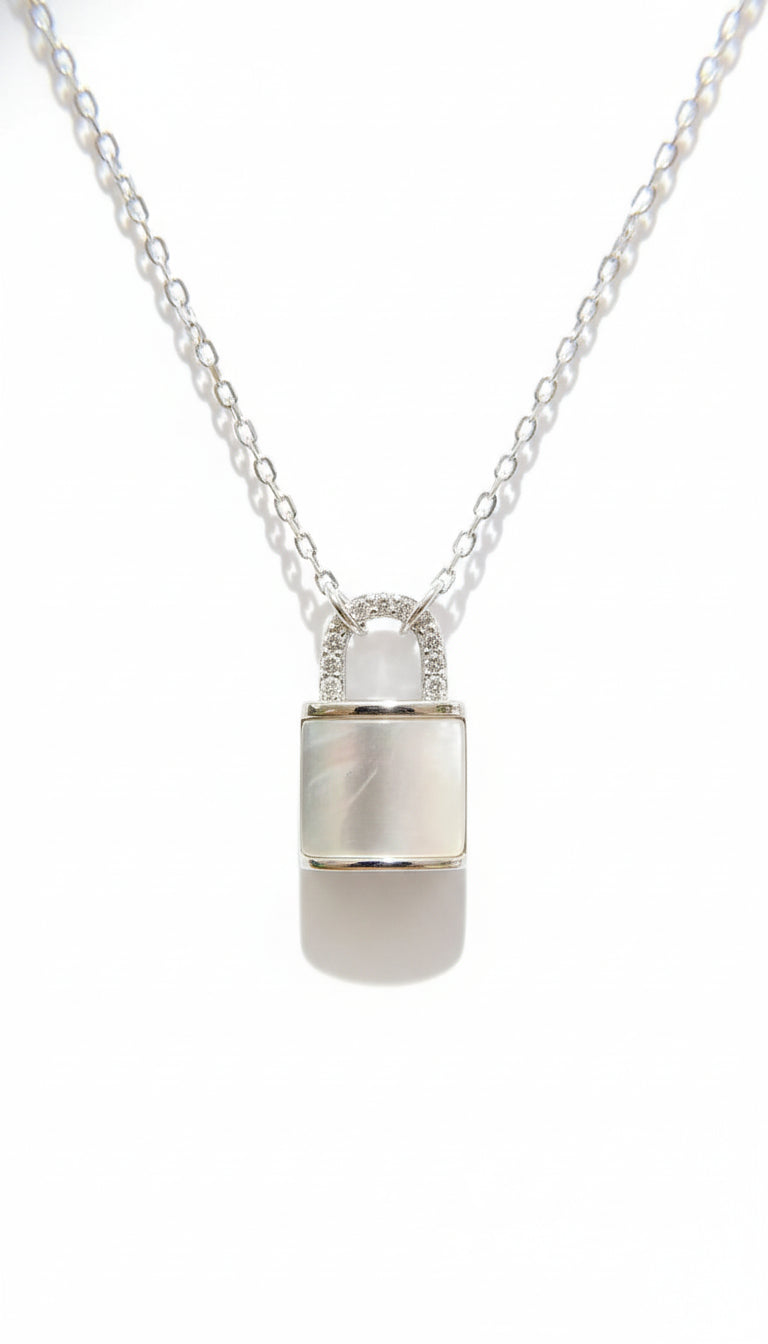 Sterling Silver 925 Mother of Pearl Lock Pendant Necklace - view 3