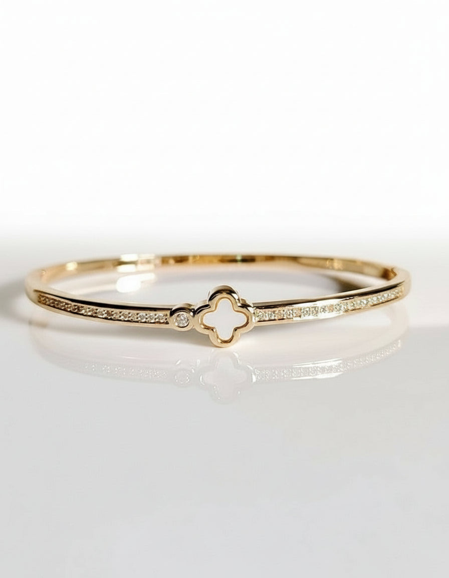 Gold Dainty Mother of Pearl Clover Bangle - view 3