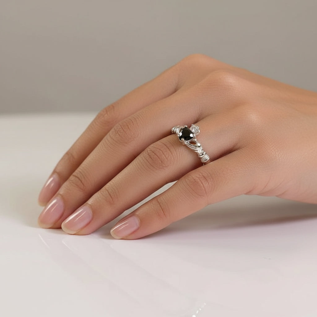 Sterling Silver Onyx Claddagh Ring - view 2